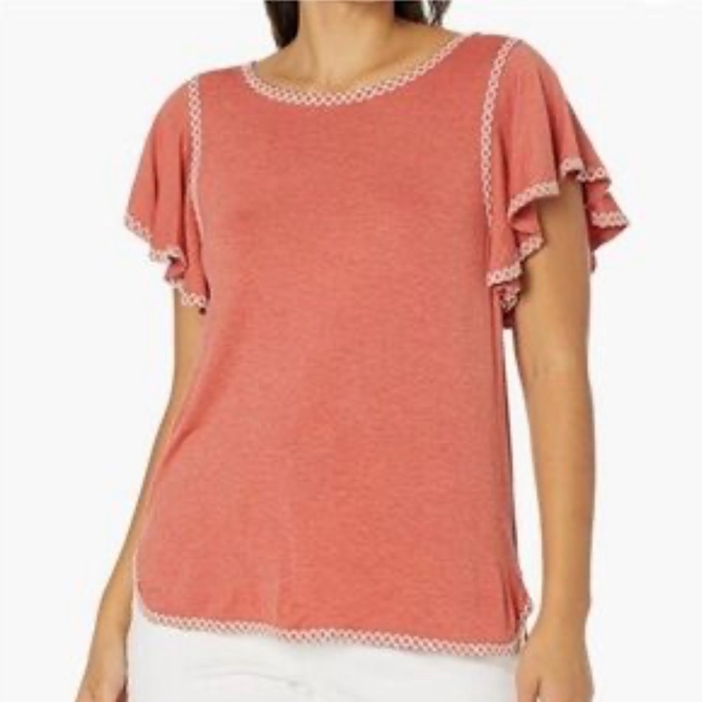 Max Studio London Coral Blouse with Flutter‎ Sleeves and Embroidered Trim XL